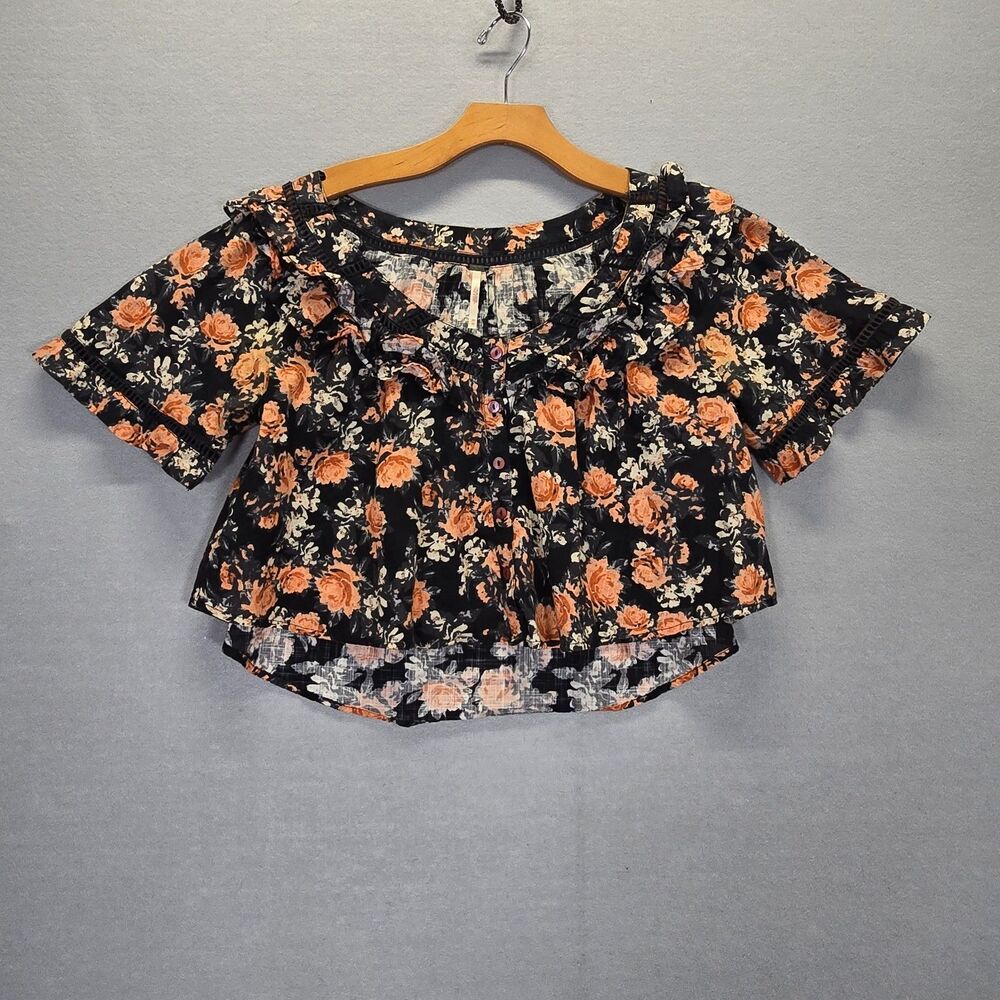 Free People Unreal Love Ruffle Collar Short Sleeve Floral Top Size XS - Picture 2 of 12